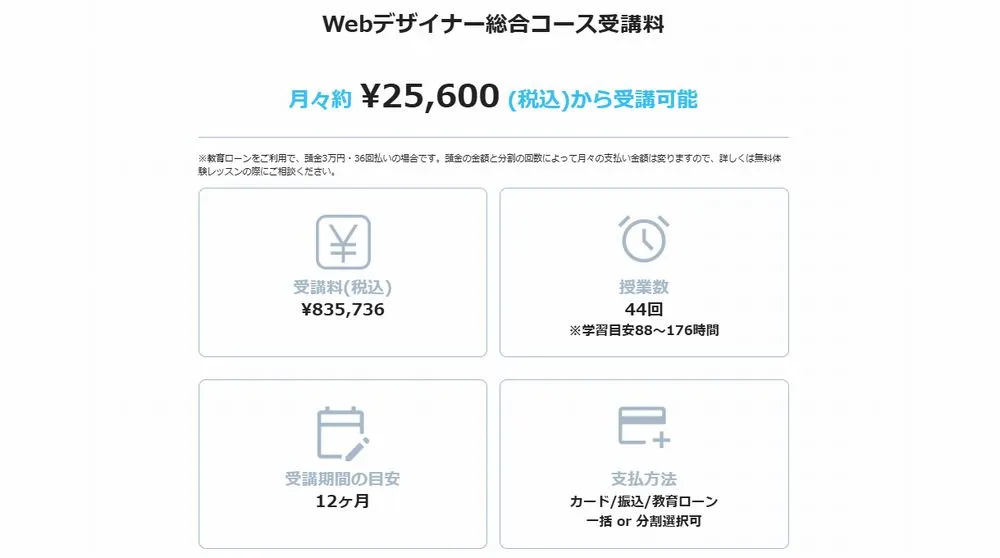 WEBデザイナー総合コースの受講料金
